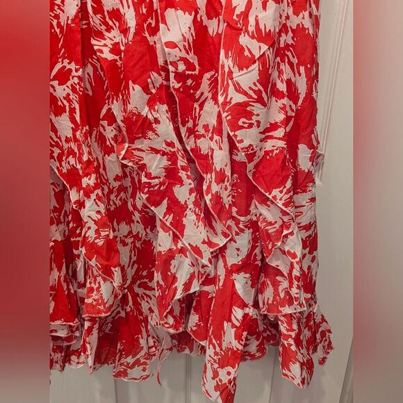 Metrostyle Red White Floral Midi Dress 8P Fit Flare Ruffle Hem Sleeveless Summer - Picture 7 of 8